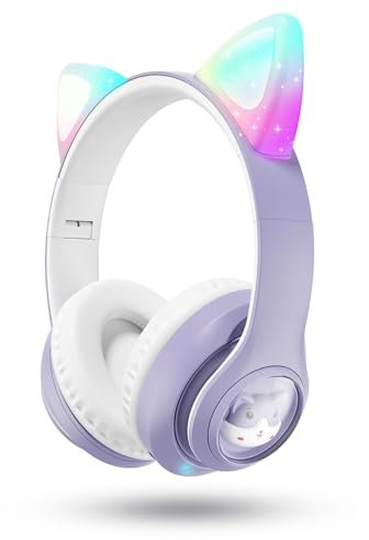 VuyKoo Bluetooth Casque Audio Enfants avec HD Microphone/Lumières RGB, Ecouteurs Enfants du Volume Limité 94dB, Son Stéréo Casque Audio Enfants pour Smartphone,iPad,Tablet,Kindle,Ecole (Violet)