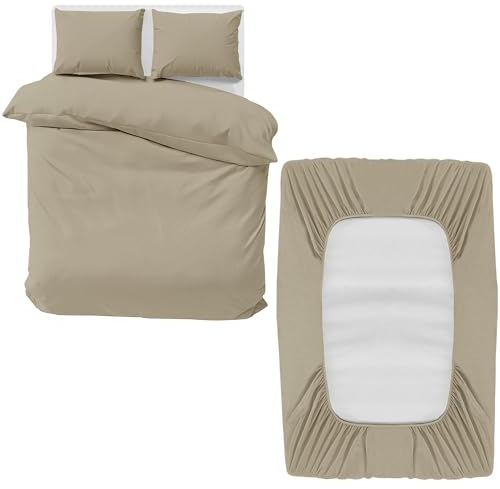 MOONLIGHT20015 Double Bedding Set 4 Piece Duvet Cover Fitted Sheet with Pillow cases Soft Brushed Microfiber Duvet Cover sets Beige