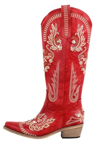 blingqueen Metalllic Boots Cowboy Boots for Women Embroidered Cowgirl Boots Zip Up Knee High Boots Wide Calf Boots Block Chunky Heel Studded Diamond Heel Crystal Rhinestone Western Boots Red Size 5