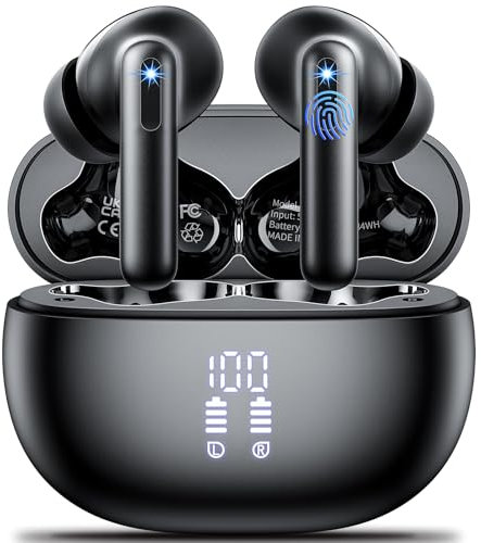 Auriculares Inalámbricos Bluetooth 5.3, 42H HiFi Estéreo In Ear, Cascos Con Carga Rápida USB-C, Pantalla LED, IP7 Impermeable, Control Táctil - Negro