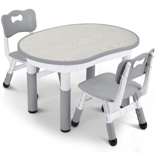 Kindertisch mit 2PCS Stühlen, Packung mit 2 Stühlen, Kindersitzgruppe Höhenverstellbar,Plastik Kinder Tisch Stuhl Set, Erdnussform, Maltisch,Kinder Schreibtisch für Kindertagesstätte/Kindergarten,Grau