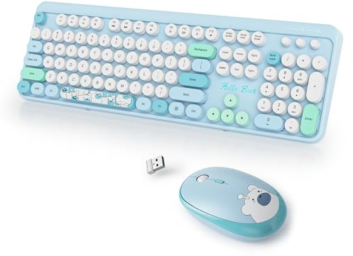 Sött trådlöst tangentbord och mus, amerikanskt QWERTY, 104 skrivmaskintangentbord i full storlek med numeriskt block, 2,4 GHz färgglatt tangentbord mus set med runda tangenter för PC bärbar dator,
