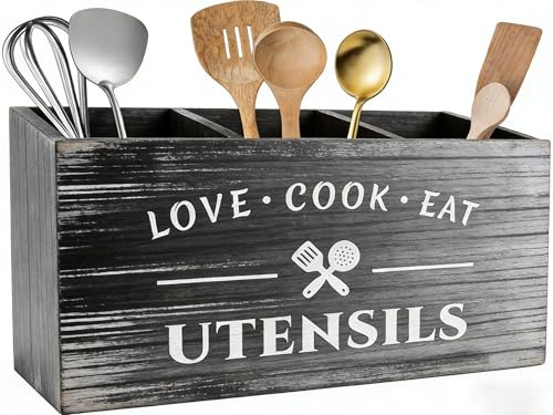 LOPYXBR Kitchen Utensils Holder with 3 Compartments Large Black Utensil Holder Rustic Wooden Utensil Holders & Organisers for Countertop Decor, Cooking Tools