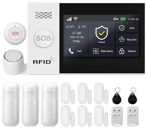 XNY 4.3 Pulgadas Pantalla Táctil Alarmas para Casa,WiFi/gsm Alarma Casa Inalámbrica, Sistema de Alarma con Sirena, 16 Piezas: Detector de Movimiento, Sensores de Puertas y Ventanas, Mando a Distancia