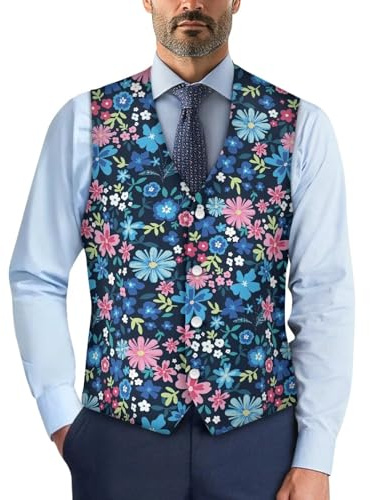 Biyejit Gilet de costume hippie à fleurs pour homme, gilet de costume formel avec bouton, gilet fin classique pour affaires, smoking, fête, mariage, taille S à 4XL, Fleurs hippie, L