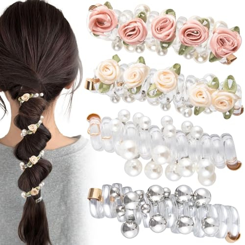 VARMDUKKE 4PCS Rose Bead Spiral Hair Ties, 2 Styles Phone Cord Ponytail Holders for Women, Elegant Rubber Hair Coils, Stylish Hairstylist Accessories for Party, Daily Use