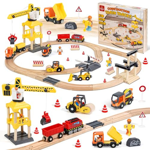Lehoo Castle Lot de 68 chemins de fer en bois avec grue - Jouet électrique pour enfants - Avec pelleteuse