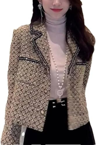 Blazer élégant en Tweed pour Femmes Veste Courte décontractée Revers Printemps et Automne Section Mince Veste de soirée Formelle rétro Chic (A,S)