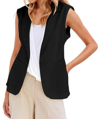 KBOPLEMQ Blazer de lino para mujer, chaleco sin mangas, deportivo, elegante, cárdigan chaqueta, abrigo, parte delantera, abierta, chaqueta de traje, solapa, frente abierto, ocio, negocios, outwear con