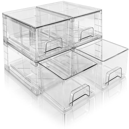 XWYWX Lot de 4 Tiroirs de Rangement Empilables Transparent Petit Modèle, Organisateurs Acrylique avec Poignées, pour Réfrigérateur, Salle de Bain, Cuisine, Placard, Rangement Garde-Manger