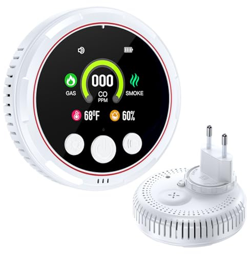 Detecteur Monoxyde Carbone 5 en 1, Detecteur de Fumée et Detecteur de Gaz avec Grand écran et Batterie de Secours, Adapté pour la Maison, la Cuisine, Le Camping-Car, l'appartement (Blanc, 1 Paquet)