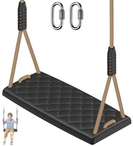 SELEWARE Heavy Duty Swing Seat for Kids & Adults, Non‑Slip Flat Plastic Tree Swing Seat Replacement with Adjustable Rope, Playground Swing Set Swing Accessories for Outdoor Backyard Swingset, Black