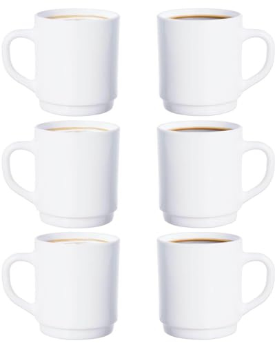 UNIQUE HOME LIVING Coffee Mug Set of 6, 290ml White Opal Glass Coffee Cups, Durable Drinkware for Hot Beverages Tea Mugs, Espresso Cups, Stackable, Perfect for Home Office Cafe, Dishwasher Safe