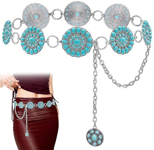 CRASPIRE Cintura Turchese in Lega d'Argento Catena Western con Concho Cinture Boho Regolabili Gioielli Vintage Cavi Catene Floreali in Vita per Donna Abiti da Cowgirl Jeans Pantaloni di Stoffa Outfit