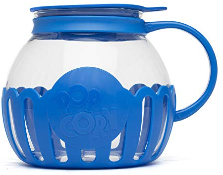 Ecolution Patented Micro-Pop Microwave Popcorn Popper with Temperature Safe Glass, 3-in-1 Lid Measures Kernels and Melts Butter, Made Without BPA, Dishwasher Safe, 3-Quart, Blue
