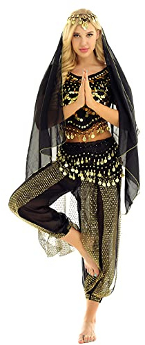 winying 4Pcs Robe Danse du Ventre Indienne Femmes Ensemble Danse Latin Samba Salsa Top Paillette Costume Carnaval Fete Déguisements Princesse Inde Dancewear Noir Taille Unique