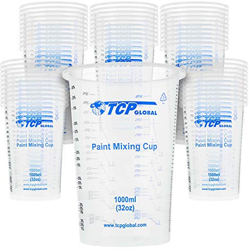 TCP Global 32 oz. (1000ml) Graduated Plastic Mixing Cups (Box of 50) - Disposable Plastic Measuring Cups for Liquids, Paints, Resin, Epoxy, Art, Kitchen - Ratios 2-1, 3-1, 4-1 ML