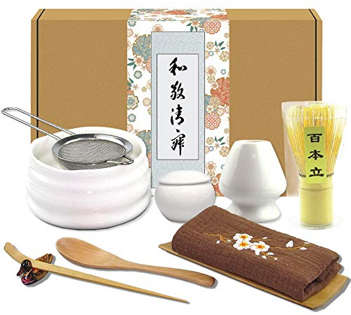 Artcome 10-teiliges japanisches Matcha-Teeset, Matcha-Schale, Matcha-Schneebesen, Schneebesenhalter, traditionelle Schaufel, Teelöffel, Geschirrtuch, Matcha-Pulverbehälter, Matcha-Pulversieb (weiß)