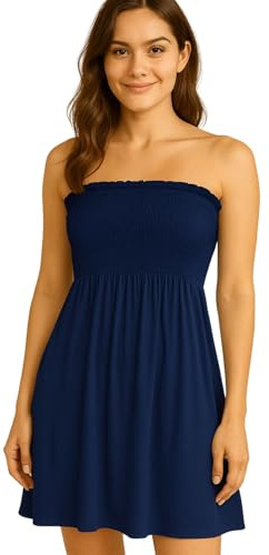 STAR FASHION Women’s Strapless Sheering Ruched Bandeau Dress Plain Boob Tube Sleeveless Midi Dress Summer Holiday Beach Flared Dress Soft Stretch Navy 16-18