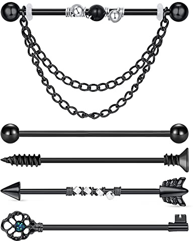 D.Bella Set di barre per piercing industriali con catena penzolante in acciaio chirurgico Cartilage Barbell Piercing Jewellery 14Gauge
