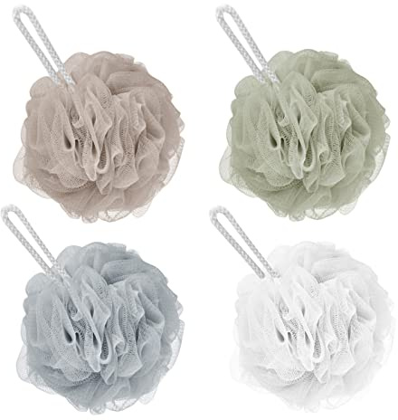 Shower Puff Loofah, 4 Pcs Extra Large Bath Sponge with Mesh Build - Body Scrubber for Exfoliate and Cleaning, 60g/PCS, 4 Color