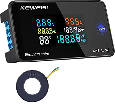 WANGCL Compteurs d'énergie numériques LCD AC300-100A Moniteur d'énergie Compteur Intelligent Voltmètre Multifonction Ampèremètre - avec transformateurs de Type fermé
