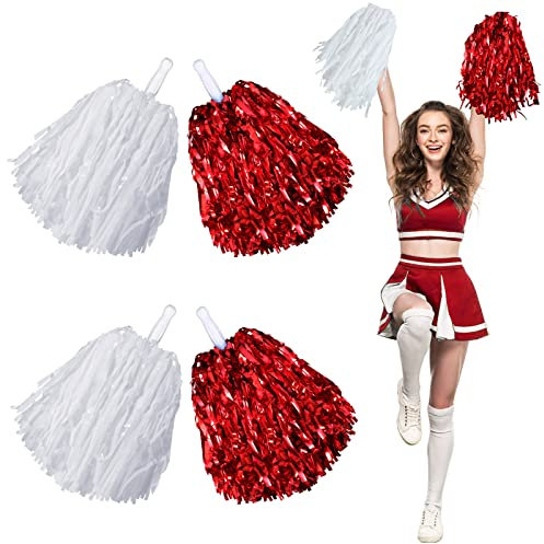 Hanaive 4 Pcs Pom Poms Cheerleading, White, Metallic Red