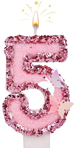 2.7 Inch Birthday Number Candles, Pink Number Candles Cake Topper Butterfly Birthday Candles with Sequins Glitter for Anniversary Celebrations Supplies (Number 5)