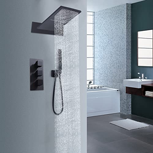 Juego de grifo de ducha empotrado, ducha cuadrado, termostato cuadrado, cabezal de ducha de lluvia multifuncional, acero inoxidable, ducha de lluvia para cascada, lluvia, mano
