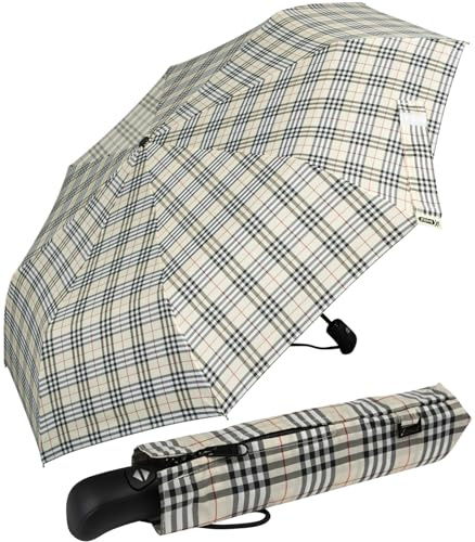 iX-brella First Class Edition – Parapluie de poche élégant – Ouverture et fermeture automatique – Grande stabilité – Résistant aux tempêtes, Carreaux/beige, 95 cm