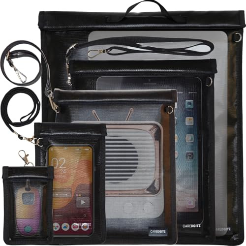 Caredgitz 5 Pack Faraday Bags - Extra Large Faraday Bag for Laptop & Phone & Tablet & Car Key, Faraday Cages with Handle, Faraday Pouch with Strap Anti-Hacking, Faraday Key Fob Protector RFID Blocker