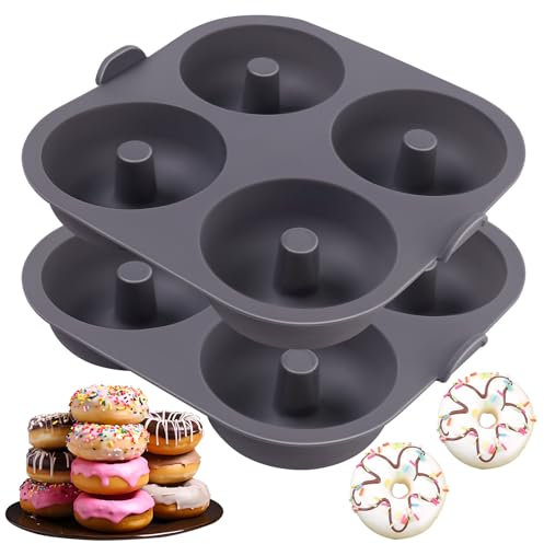 Fchil Silicone Doughnut Molds for Air Fryer, Set of 2, 8-Cavity Non-Stick Donut Pans with Carrying Handle, Doughnut Bagel Baking Tin for Muffins Cake, Dishwasher Safe, Grey