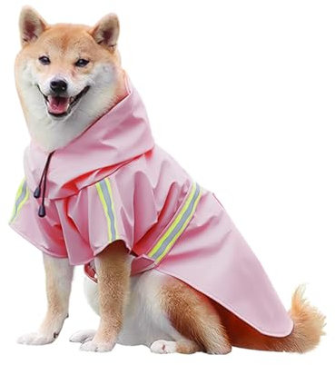 Regenmantel Hund mit Reflexstreifen, Verstellbarer Hunderegenmantel, Wasserdicht Hundemantel, Regenjacke Hund mit Kapuze für Kleine Mittelgroße und Große Hunde (Rosa, M)