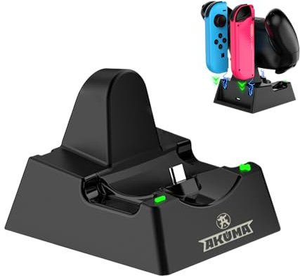 AKUMA Cyber V02 Stazione di Ricarica per Nintendo Switch - Controller Pro Controller, Joy-Cons, Switch/Switch OLED/Switch Lite Ricarica Intelligente - Nero