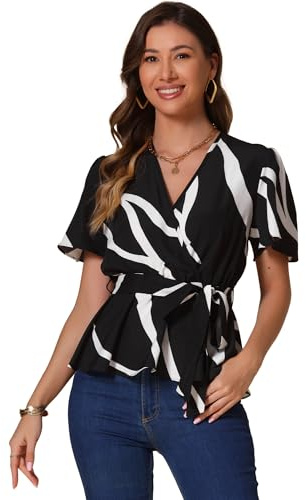 Allegra K Women Printed Peplum Flutter Sleeves Wrap V Neck Blouse | Tie Belt, Ruffle Hem, Tie Belt, Pattern, Dressy Casual, V Neck, Flutter Sleeve, Top Shirts