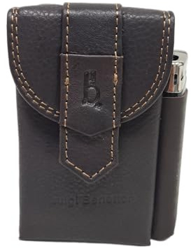 Luigi Benetton Étui à cigarettes en cuir véritable, double bouton, porte briquet latéral, dimensions 10 x 6,5 x 3 cm, avec coffret cadeau Art. 3176 (marron foncé)