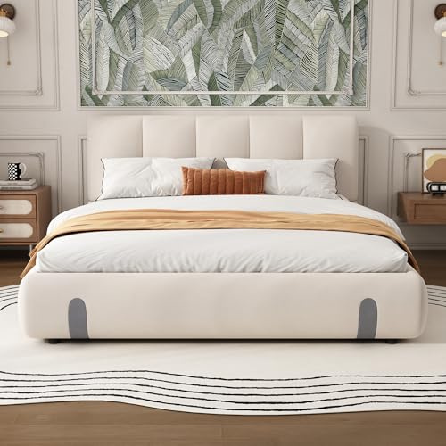 Merax 4ft6 Double Upholstered Bed 135x190cm for Adults & Teenagers, Soft Velvet Headboard, MDF & Plywood Construction, Sturdy & Durable, White