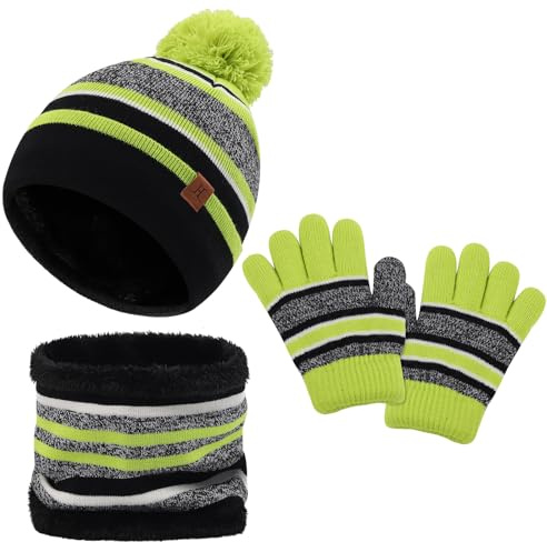 LACOFIA 3 PCS Kids Winter Warm Hat Scarf Gloves Set Children Boys Girls Knitted Pom Pom Beanie Thermal Fleece Lining Neck Warmer Winter Outdoor Accessories 2-7 Years Green