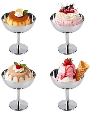 Tomotato glasskål, 207 ml rostfritt stål glasskopp efterrättskoppar liten söt silver Sundae-skål (4, hög)