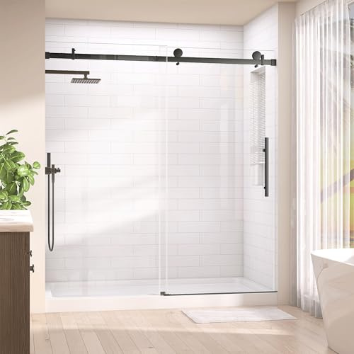 Frameless Glass Shower Door 68-72 in.W x 76 in.H, Single Sliding Shower Door, SGCC Tempered Clear Glass with Explosion-Proof Film, Stainless Steel Hardware, Low Threshold, Quiet Rollers, Matte Black