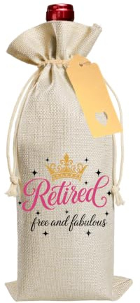 Bliceon Retirement Gifts for Women, Retirement Wine Bottle Gift Bag with Drawstring and Tag, Beige Jute Bottle Bag for Mum, Grandad, Grandma, Friend, Teacher, Sister, Colleague - Style 1