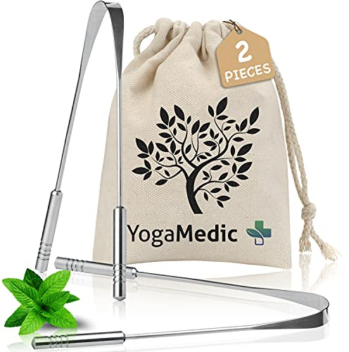 YogaMedic Stainless Steel Tongue Scraper Set (2 Pack) - U-Shaped Metal Tongue Cleaner with Cotton Travel Case - Durable Oral Hygiene Tool for Fresh Breath Management - Self-Care Kit for Adults & Kids