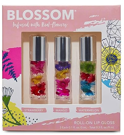Blossom Roll on Lip Gloss, Infused with Real Flowers, 3 pack Mini Gift Set