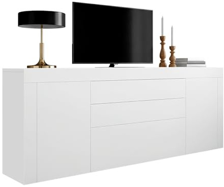 Panana Living Room Large Sideboard Cabinet High Gloss Front and Top Chest of Drawers 2 Door 2 Drawer 2 Flap Storage Cupboard W200xD35xH72cm (White)