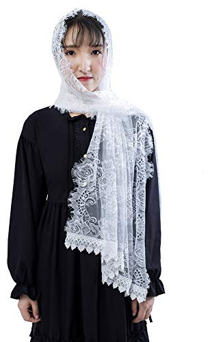 COSDREAMER Mujeres capilla velo bufanda encaje floral Mantilla velos abrigo chal masa cabeza cubierta (blanco)