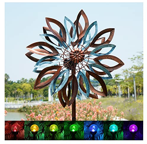 Cyan Oasis Yard Garden Wind Spinners with Solar Lights, Large Outdoor Metal Wind Spinners, Lawn Yard Art Garden Decor (22 W x 87 H)