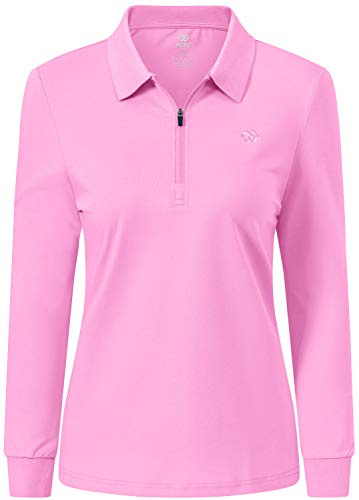 AjezMax Polo Mujer Camiseta Manga Larga Deportes Algodón Polo Trabajo Tenis Golf Tops con Cremallera Rosa S