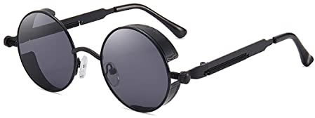 VJK Vintage Retro Steampunk Sonnenbrille Rund Kreis Polarisiert UV400 Metallrahmen für Männer Frauen Unisex, Schwarz , 135MM