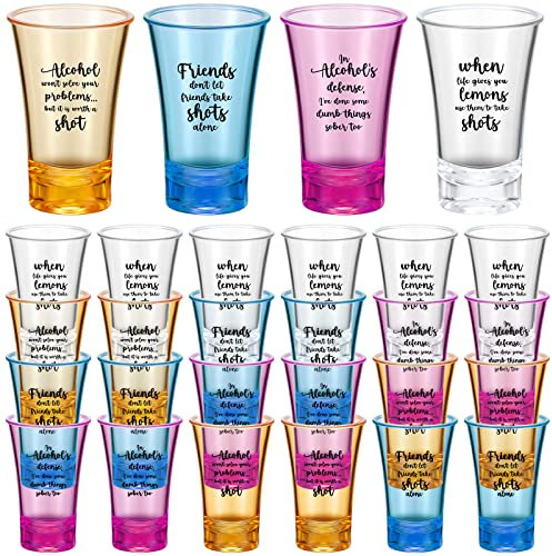 Zeyune Bunte Schnapsgläser, Acryl, unzerbrechlich, kompatibel mit 6 Schnapsglas-Spendern und Halter (transparent, gelb, blau, lila, 24 Stück)