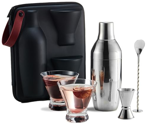 KITESSENSU Cocktail Shaker Set with Carry Case: Vacuum Insulated Martini Shaker with Built-in Strainer, 2 Martini Glasses, Measuring Jigger, Bar Mixing Spoon & Cocktail Recipes, Travel Bar Tool Set